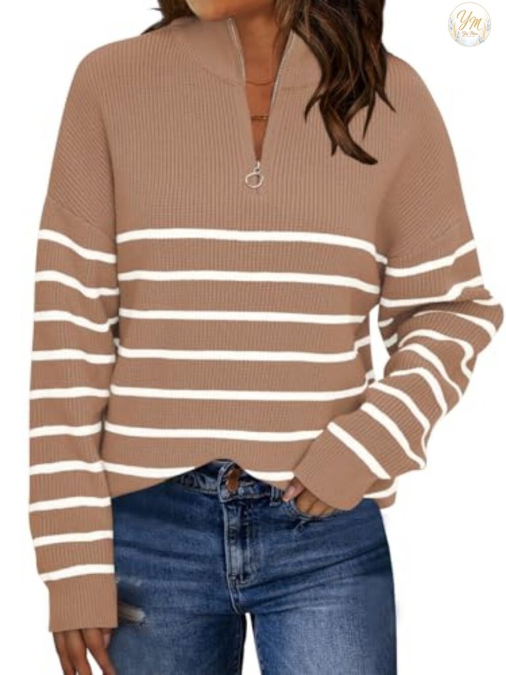 Oversized Quarter Zip Striped Knit Pullover Sweater Women Viscose